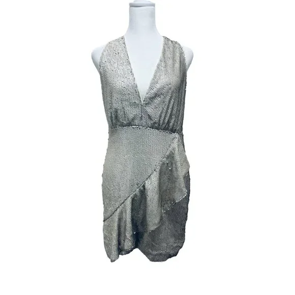 DO+BEl Women's Sequin Halter Ruffle Mini Dress Size M Beige NEW - Picture 1 of 9